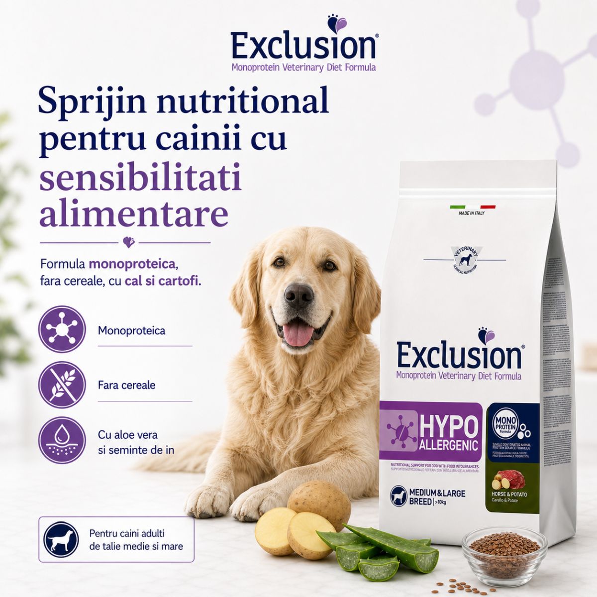 EXCLUSION Monoprotein VD Hypoallergenic Medium&Large, M-XL, Cal și Cartofi, dietă veterinară, hrană uscată fără cereale câini, alergii, 12kg - imagine 3